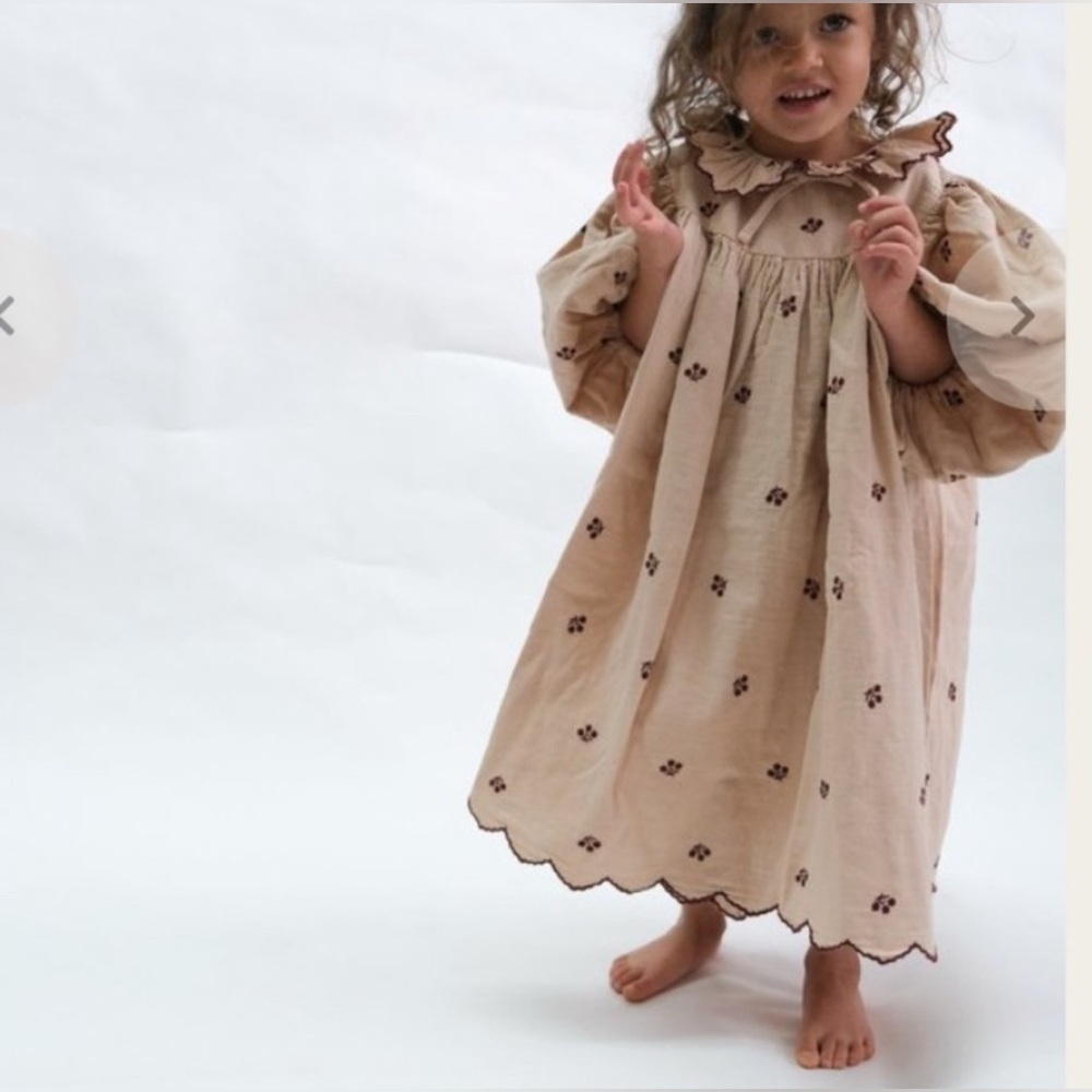 NWT Girls Beige Embroidered Cotton Dress with Ruffled Collar - Picture 4 of 12